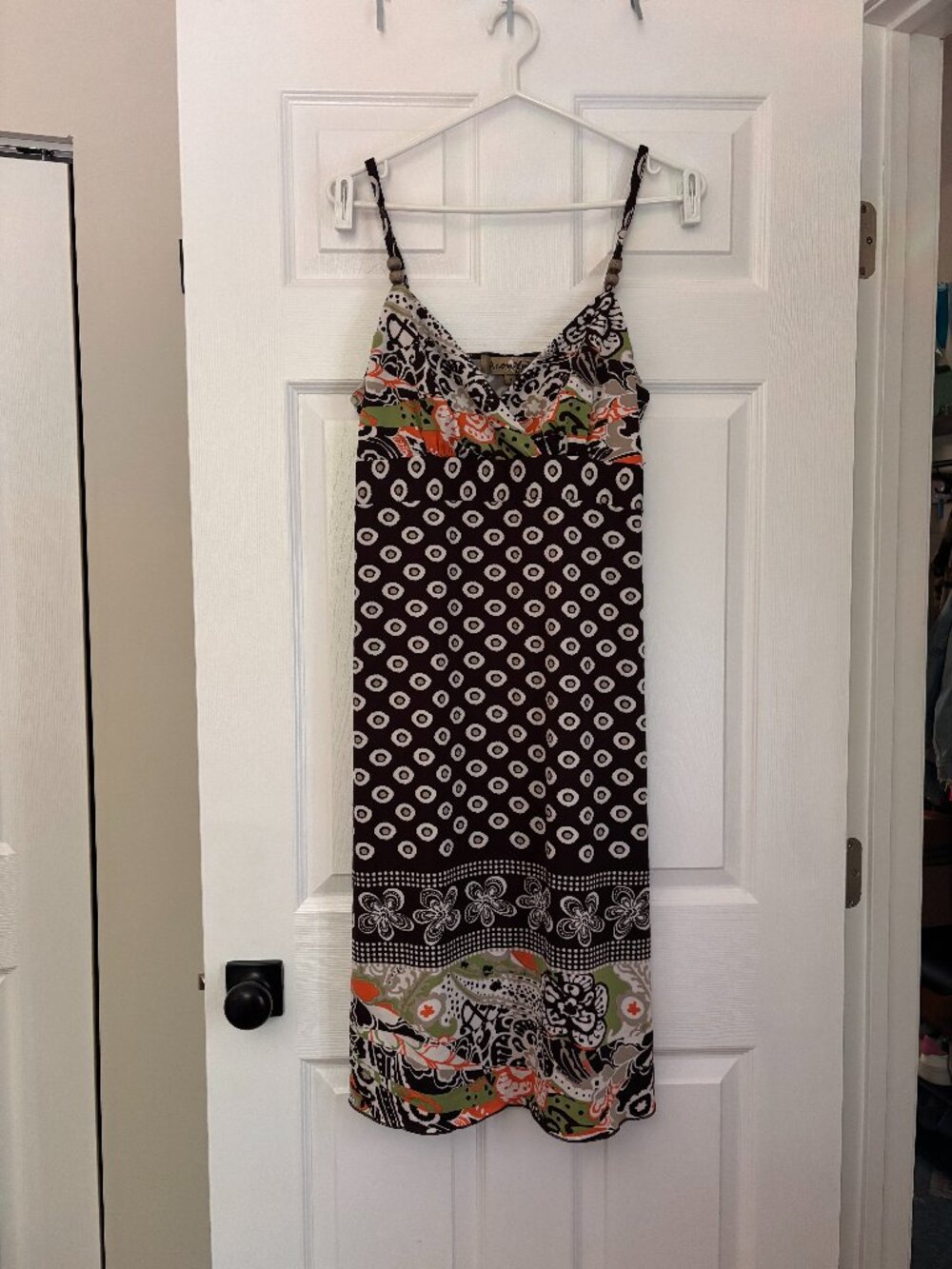Boho Print Sundress | Beaded Strap Summer Dress | Brown Multi-Colour (Large)
